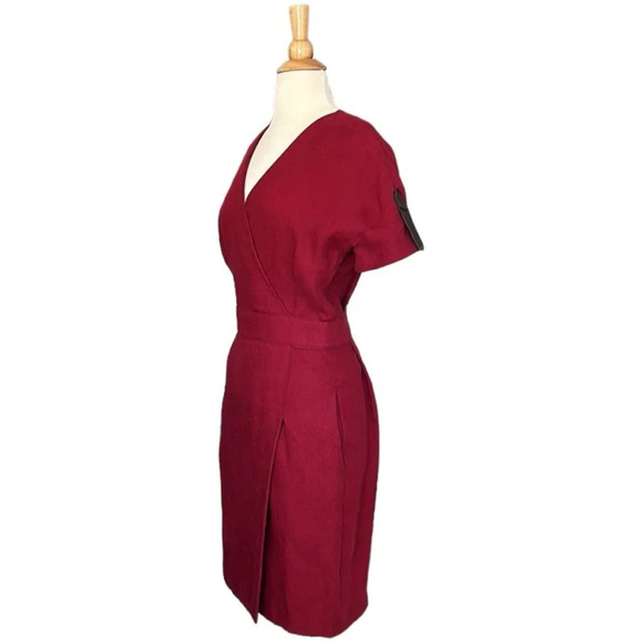 LONGCHAMP Hemp Burgundy Red Faux Wrap Dress Lamb Leather Pockets Career Size 6 - Picture 5 of 16